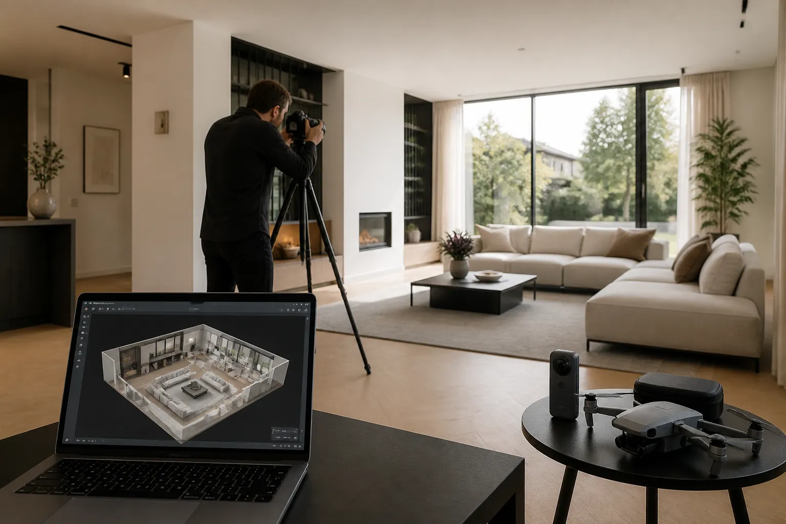 fotograaf met statief legt lichte moderne woonkamer vast terwijl op laptop een 3d-presentatie van dezelfde ruimte draait